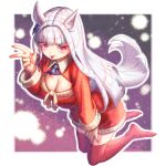  1girl :p alternate_costume animal_ears ascot blue_ascot blunt_bangs blush breasts cleavage cleavage_cutout clothing_cutout commentary_request creape dress gold_ship_(umamusume) grey_hair highres horse_ears horse_girl horse_tail long_hair long_sleeves looking_at_viewer medium_breasts parted_hair purple_eyes red_dress red_sweater red_thighhighs solo sweater sweater_dress tail thighhighs tongue tongue_out umamusume w 