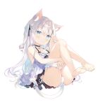  1girl :&lt; animal_ear_fluff animal_ears babydoll bare_arms bare_legs bare_shoulders barefoot bell black_choker black_ribbon blue_bow blue_eyes blush bow cat_ears cat_girl cat_tail choker closed_mouth collarbone commentary_request full_body grey_hair hair_between_eyes hair_ornament hair_ribbon hugging_own_legs jingle_bell knees_up looking_at_viewer neck_bell original panties ribbon side-tie_panties simple_background solo tail tail_bow tail_ornament two_side_up underwear white_background white_panties x_hair_ornament yuizaki_kazuya 