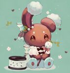  absurdres animal_focus artist_name bow bowtie brown_bow brown_bowtie brown_eyes brown_fur buneary clothed_pokemon commentary_request food green_background heart highres holding holding_stick ice_cream ice_cream_sandwich no_humans pawpads pokemon pokemon_(creature) rabbit simple_background sitting stick su_(sajo_su5) white_bow 