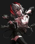  1girl arknights black_jacket breasts controller detonator finger_to_mouth fingerless_gloves gloves grey_hair highres holding holding_remote_control horns jacket looking_at_viewer onihiraaji82 open_clothes remote_control short_hair smile solo tail w_(arknights) 