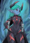  1girl aqua_hair black_bodysuit black_sclera blue_skin bodysuit breasts closed_mouth colored_sclera colored_skin covered_navel cowboy_shot dragon_quest dragon_quest_x elf elf_(dq10) eyelashes highres horns legs_apart long_hair muramasa_mikado parted_bangs pointy_ears red_eyes small_breasts smile solo standing waist_cape 