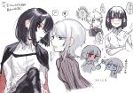  2girls black_hair blue_eyes candy cape collared_shirt faust_(project_moon) food grey_hair highres kawaii_inu5 lobotomy_corporation lollipop looking_at_another multiple_girls multiple_views project_moon red_eyes ryoshu_(project_moon) shirt sweater translation_request 