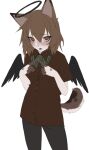 2020 angel anthro black_nose black_wings bottomwear brown_clothing brown_ears brown_inner_ear brown_shirt brown_tail brown_topwear canid canine canis clothing digital_media_(artwork) domestic_dog feathered_wings feathers fingerless_(marking) fur grey_bottomwear grey_clothing grey_pants halo hi_res humanoid_hands index_to_index looking_at_viewer male mammal open_mouth pants portrait red_eyes rofortyseven shirt shy simple_background solo standing tail tan_body tan_fur tan_tail three-quarter_portrait topwear white_background wings