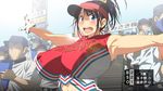  armpits baseball black_hair blue_eyes breasts censored covered_nipples gloves highres huge_breasts kunifuto looking_at_viewer mosaic_censoring open_mouth original ponytail short_hair smile sweat visor_cap 