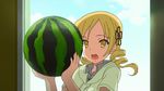  1girl blonde_hair drill_hair food fruit hair_ornament mahou_shoujo_madoka_magica mametti open_mouth papa_no_iu_koto_wo_kikinasai! parody solo tomoe_mami watermelon yellow_eyes 