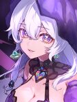  1girl alien bare_shoulders black_swan_(honkai:_star_rail) breasts cleavage commentary_request grin highres honkai:_star_rail honkai_(series) large_breasts long_hair looking_at_viewer nero_hanken parted_lips purple_eyes purple_hair smile ufo upper_body very_long_hair 