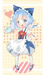  akisha alternate_costume apron bad_id bad_pixiv_id blue_eyes blue_hair blush bow cirno enmaided fang hair_bow highres ice looking_at_viewer maid maid_headdress open_mouth ribbon short_hair solo touhou wings 