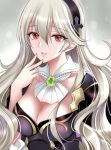  1girl armor ascot black_armor black_hairband breasts brooch cleavage corrin_(female)_(fire_emblem) corrin_(female)_(nohr_noble)_(fire_emblem) corrin_(fire_emblem) detached_collar fingernails fire_emblem fire_emblem_fates fire_emblem_heroes grey_background grey_hair hair_between_eyes hairband hand_on_own_face highres jewelry kirishima_riona large_breasts lips long_hair looking_at_viewer medium_breasts official_alternate_costume parted_lips pink_lips pink_nails pointy_ears red_eyes revision solo very_long_hair wavy_hair white_ascot 