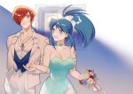  1boy 1girl blue_hair bouquet choker collar couple dress earrings heart heart_earrings highres holding_hands jacket jewelry leona_heidern light_blue_dress one_eye_closed otoseto pants ponytail red_eyes red_hair ribbon smile snk_heroines:_tag_team_frenzy suit the_king_of_fighters vest white_jacket white_pants white_ribbon yagami_iori 