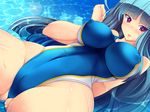 blue_hair breasts cameltoe competition_swimsuit covered_nipples huge_breasts impossible_clothes impossible_swimsuit one-piece_swimsuit original red_eyes solo swimsuit torisan water 
