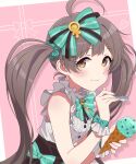  1girl absurdres ahoge blush bow bowtie breasts brown_hair buttons commentary_request frilled_shirt frilled_wrist_cuffs frills green_bow green_bowtie hair_bow hair_ornament hair_scrunchie hakozaki_serika heart highres holding holding_ice_cream_cone holding_spoon ice_cream_cone idolmaster idolmaster_million_live! kurobako_bb long_hair looking_at_viewer mint_chocolate pink_background polka_dot polka_dot_bow scrunchie shirt small_breasts smile solo spoon striped_bow striped_bowtie striped_clothes twintails upper_body white_shirt wrist_cuffs yellow_eyes 