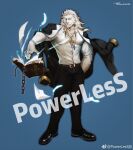  1boy absurdres bara beard book facial_hair full_beard furry furry_male grimoire highres jacket jewelry lion_boy looking_at_viewer magic male_focus mature_male medium_hair muscular muscular_male original pectoral_cleavage pectorals powerlesssong ring solo standing thick_beard watermark white_hair 