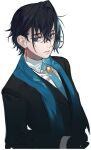  1boy black_gloves blue_eyes blue_hair blue_necktie blue_scarf brooch collared_shirt earrings eus_ing formal genderswap genderswap_(ftm) gloves hair_intakes hololive hololive_english jewelry necktie ouro_kronii ouro_krono scarf shirt short_hair suit thick_eyebrows virtual_youtuber 