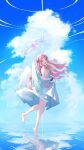  1girl angel_wings barefoot blue_archive blush breasts cloud cloudy_sky day doka_l dress feathered_wings full_body hair_bun halo highres long_hair looking_at_viewer medium_breasts mika_(blue_archive) open_mouth outdoors pink_hair pink_halo sideboob single_side_bun sky solo water white_dress white_wings wings yellow_eyes 