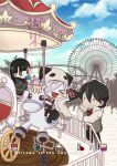  1girl 2boys against_railing amusement_park black_footwear black_hair black_pants black_vest blue_sky carousel chibi chibi_only cloud collared_shirt comiket_92 cover cover_page english_text ferris_wheel grey_jacket hair_over_one_eye happy headwear_with_attached_mittens hgrmtkn inga jacket midriff_peek multiple_boys open_mouth outdoors panda_hat pants pink_shirt railing red_shirt sasa_kazamori shirt short_hair sky smile striped_clothes striped_shirt translation_request un-go vest yellow_eyes yuuki_shinjuurou 