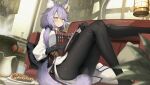  1girl ahoge animal_ears black_gloves black_pantyhose blush book bookshelf breasts cluseller cork cushion flask gloves large_breasts long_hair open_book original pantyhose potion purple_hair round-bottom_flask sitting solo tail test_tube yellow_eyes 