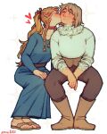  2girls belt blonde_hair blue_dress blush boots brown_eyes brown_footwear brown_pants choker chromatic_aberration closed_eyes commentary diezmil10000 dress dungeon_meshi elf falin_thorden falin_thorden_(tallman) feathers full_body grey_hair heart highres kiss kissing_cheek long_hair long_sleeves marcille_donato multiple_girls one_eye_closed pants pointy_ears red_choker sandals shirt short_hair simple_background sitting sparkle symbol-only_commentary toes white_background white_shirt 
