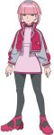  1girl blunt_bangs closed_mouth covered_collarbone dress earrings eyelashes frown full_body grey_pantyhose half-closed_eyes jacket jewelry long_sleeves looking_down mollie_(pokemon) official_art open_clothes open_jacket pantyhose pink_dress pink_footwear pink_hair pokemon pokemon_(anime) pokemon_horizons shoes solo standing transparent_background zipper_pull_tab 