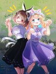  2girls :d absurdres animal_ears aqua_eyes black_hairband black_skirt blonde_hair blush bow brown_hair collared_dress commentary_request dress fake_animal_ears feet_out_of_frame hairband hands_up hat heads_together heart highres long_hair looking_at_another looking_at_viewer maribel_hearn minus_(sr_mineka) mob_cap multiple_girls notice_lines open_mouth paw_pose pink_bow puffy_short_sleeves puffy_sleeves purple_dress purple_eyes rabbit_shadow_puppet red_eyes ribbon-trimmed_skirt ribbon_trim shadow_puppet shirt short_hair short_sleeves skirt smile split_mouth standing touhou translation_request usami_renko wavy_hair white_hat white_shirt 