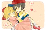  1girl :t black_hair blonde_hair blue_eyes blush carrying hat heart looking_at_another mother_(game) mother_2 munuko ness paula_(mother_2) princess_carry ribbon 