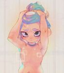  1girl agent_8_(splatoon) armpits arms_up blonde_hair blue_choker blue_hair blush choker closed_mouth completely_nude embarrassed english_commentary flat_chest furrowed_brow gradient_hair hands_on_own_head high_ponytail highres looking_at_viewer multicolored_hair nipples nude octoling octoling_girl octoling_player_character onimiere purple_eyes purple_hair solo splatoon_(series) splatoon_3 splatoon_3:_side_order suction_cups sweat tentacle_hair thick_eyebrows upper_body 