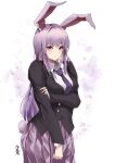  1girl absurdres animal_ears black_jacket blazer blush buttons closed_mouth collared_shirt highres jacket long_hair long_sleeves looking_at_viewer necktie pink_skirt pleated_skirt purple_hair purple_necktie rabbit_ears rabbit_tail red_eyes reisen_udongein_inaba shirt signature simple_background skirt solo tail touhou white_background white_shirt yagoro_kusuriya 