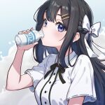  1girl black_bow black_bowtie black_hair blue_eyes bow bowtie collared_shirt drinking hair_between_eyes hair_bow hair_ornament hairclip highres long_hair looking_at_viewer milk original profile shirt short_sleeves upper_body white_shirt yuri_yone 