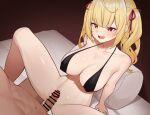  1boy 1girl bar_censor black_bra blonde_hair bottomless bra censored covered_nipples emor18_shikeko hair_ribbon hetero heterochromia hoshikawa_sara imminent_penetration imminent_vaginal long_hair navel nijisanji open_mouth penis penis_on_pussy red_eyes red_ribbon ribbon smile solo_focus spread_legs two_side_up underwear virtual_youtuber yellow_eyes 