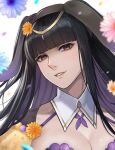  1girl black_hair blunt_bangs breasts brown_eyes circlet cleavage detached_collar fire_emblem fire_emblem_awakening fire_emblem_heroes flower highres jewelry lips long_hair looking_at_viewer official_alternate_costume smile solo tharja_(fire_emblem) tharja_(spring)_(fire_emblem) tori_art07 two_side_up 