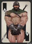  1boy abs bara bare_pectorals beard blush cape card_(medium) covering_crotch covering_privates cowboy_shot facial_hair full_beard gloves helmet highres knight large_pectorals looking_at_viewer male_focus mature_male muscular muscular_male navel nipples original pectorals solo standing stomach straight-on strongman_waist sword sword_behind_back thick_beard thick_eyebrows thick_mustache thick_thighs thighs thighs_together tooboshoo weapon 