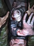  abs arm_above_head bandaged_hand bandages black_jacket blood blood_on_arm blood_on_mask c2h4_(1849155751) dark dead_by_daylight green_pants grey_hoodie highres hood hoodie jacket looking_at_viewer male_focus pants pov pov_hands reaching reaching_towards_viewer spotlight spread_legs the_legion_(dead_by_daylight) upper_body 