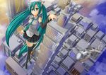  aircraft boots building city crazypen detached_sleeves from_above giantess green_eyes green_hair hatsune_miku helicopter landmark long_hair nail_polish necktie skirt skyscraper smile solo taipei_101 thigh_boots thighhighs twintails very_long_hair vocaloid 