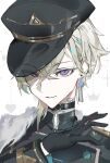  1boy absurdres alternate_costume aventurine_(honkai:_star_rail) black_choker black_gloves black_hat black_jacket blonde_hair choker earrings fur_trim gloves hair_between_eyes hat highres honkai:_star_rail honkai_(series) jacket jewelry long_hair looking_at_viewer male_focus purple_eyes r_aeel short_hair solo 