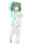  1girl barefoot blush breasts buttons closed_mouth collared_shirt full_body green_eyes green_hair gyouza_(mhea5724) hair_between_eyes hair_bobbles hair_ornament highres kisume long_hair long_sleeves looking_at_viewer medium_breasts shirt simple_background smile solo toes touhou two_side_up white_background white_shirt 