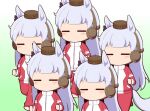  5girls animal_ears blush_stickers brown_hat chibi closed_eyes ear_covers facing_viewer gold_ship_(umamusume) gomashio_(goma_feet) gradient_background green_background grey_hair hat horse_ears horse_girl horse_tail jacket long_hair mini_hat multiple_girls multiple_persona pants red_jacket red_pants tail track_jacket track_pants track_suit umamusume very_long_hair white_background 