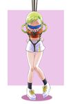  1girl asuka_momoko ball_gag bdsm blindfold blonde_hair blush bondage bound crop_top crotch_rope female gag gagged navel ojamajo_doremi rope shoes simple_background skirt socks solo spark_utamaro twintails 