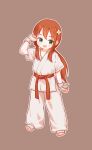  1girl :d alternate_hairstyle barefoot belt brown_background brown_hair commentary_request dougi flower full_body green_eyes hair_flower hair_ornament highres kobayashi-san_chi_no_maidragon kuma-bound long_hair martial_arts_belt open_mouth pants saikawa_riko simple_background smile solo standing toes white_flower white_pants 