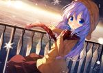  1girl :d bangs blue_eyes blue_hair blush brown_coat chinomaron coat commentary_request eyebrows_visible_through_hair fringe_trim gochuumon_wa_usagi_desu_ka? hair_between_eyes hair_ornament hand_up hood hood_down hooded_coat horizon kafuu_chino long_hair long_sleeves looking_at_viewer ocean open_mouth outdoors plaid plaid_scarf railing red_scarf red_skirt scarf skirt sleeves_past_wrists smile snowflakes solo sunrise very_long_hair x_hair_ornament 