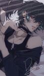  2girls absurdres bare_shoulders black_choker black_hair black_jacket black_tank_top blush chief_(path_to_nowhere) choker cinnabar_(path_to_nowhere) collarbone dated dog_tags doo58455 ear_piercing female_chief_(path_to_nowhere) girl_on_top half-closed_eyes highres holding_another&#039;s_wrist jacket multicolored_hair multiple_girls necklace_pull on_bed open_clothes open_jacket open_mouth path_to_nowhere piercing purple_eyes short_hair sideways_glance signature single_off_shoulder streaked_hair tank_top yuri 
