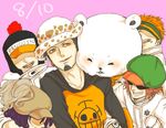  5boys bear bepo earflap_hat hat headband heart_pirates jolly_roger male male_focus multiple_boys one_piece orange_hair penguin_(one_piece) pirate pom_poms pompom purple_hair raglan_sleeves shachi_(one_piece) takenaka_(m_y_m0229) trafalgar_law 