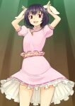  1girl :3 :d animal_ears black_hair carrot_necklace commentary_request frilled_shirt frilled_skirt frills inaba_tewi jewelry kakone necklace open_mouth pink_shirt pink_skirt rabbit_ears rabbit_girl rabbit_pose shirt short_hair short_sleeves skirt smile solo standing touhou 