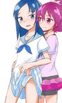  aida_mana blue_hair blue_sailor_collar blush couple dokidoki!_precure hand_in_panties hand_on_another's_hip hishikawa_rikka hug hug_from_behind long_hair minu multiple_girls panties pink_hair precure sailor_collar short_hair simple_background skirt skirt_lift smile underwear wavy_mouth white_background yuri 