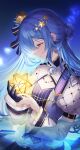  1girl absurdres blue_eyes blue_hair crown earrings gloves hair_ornament highres hololive hoshimachi_suisei jewelry juliet_sleeves kuma_daigorou long_sleeves mini_crown partially_submerged profile puffy_sleeves single_glove smile star_(symbol) star_earrings star_hair_ornament virtual_youtuber water 