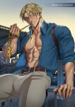  1boy abs absurdres artist_name bara bare_pectorals belt blonde_hair blood blood_on_face blue_shirt brown_belt day grey_pants highres holding_necktie jujutsu_kaisen large_pectorals male_focus muscular muscular_male nanami_kento navel necktie nipples open_clothes open_shirt outdoors pants patreon_username pectorals shirt short_hair sky solo suyohara teeth 