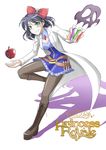  apple arashi_sora black_hair boots bow colored_shadow copyright_name dress earrings food fruit fume green_eyes grin hair_bow hair_ornament jewelry labcoat looking_at_viewer pantyhose parted_lips poison princess_royale shadow skull_hair_ornament smile smoke solo thigh_boots thighhighs vial 