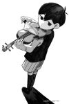  1boy 6f6d6f7269 black_eyes black_hair black_socks closed_mouth colored_skin expressionless highres holding holding_instrument holding_knife holding_violin instrument knife looking_at_viewer omori omori_(omori) socks solo violin white_background white_skin 