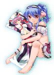  alternate_hairstyle arms_up blue_hair blush dakimakura_(object) food fruit highres hinanawi_tenshi hug looking_at_viewer midriff peach pillow pillow_hug red_eyes reisen_udongein_inaba sesield short_hair sitting smile solo touhou 