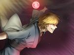  bad_id bad_pixiv_id blonde_hair earrings fate/stay_night fate_(series) full_moon gilgamesh japanese_clothes jewelry kimono male_focus mitsuki_mitsuno moon red_eyes red_moon solo 