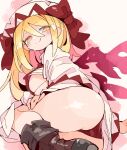  1girl ass black_footwear blonde_hair blush boots breasts closed_mouth dress fairy fairy_wings hair_between_eyes hat highres large_breasts leotard lily_white long_hair long_sleeves massakasama red_leotard smile solo tongue tongue_out touhou white_dress white_hat wings yellow_eyes 