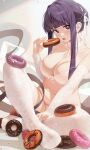 1girl absurdres blunt_bangs bra breasts cleavage doughnut fern_(sousou_no_frieren) floral_print food hair_bun hair_ribbon highres holding holding_food large_breasts looking_at_viewer open_mouth panties purple_eyes purple_hair ribbon sidelocks single_hair_bun sitting solo songchuan_li sousou_no_frieren thighhighs underwear white_bra white_panties white_ribbon white_thighhighs 